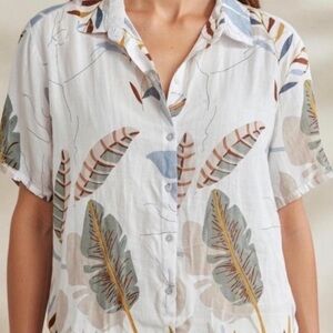 CYNTHIA Rowley Linen White Shirt Short Sleeve Leaf Print Dancer Tropical Large